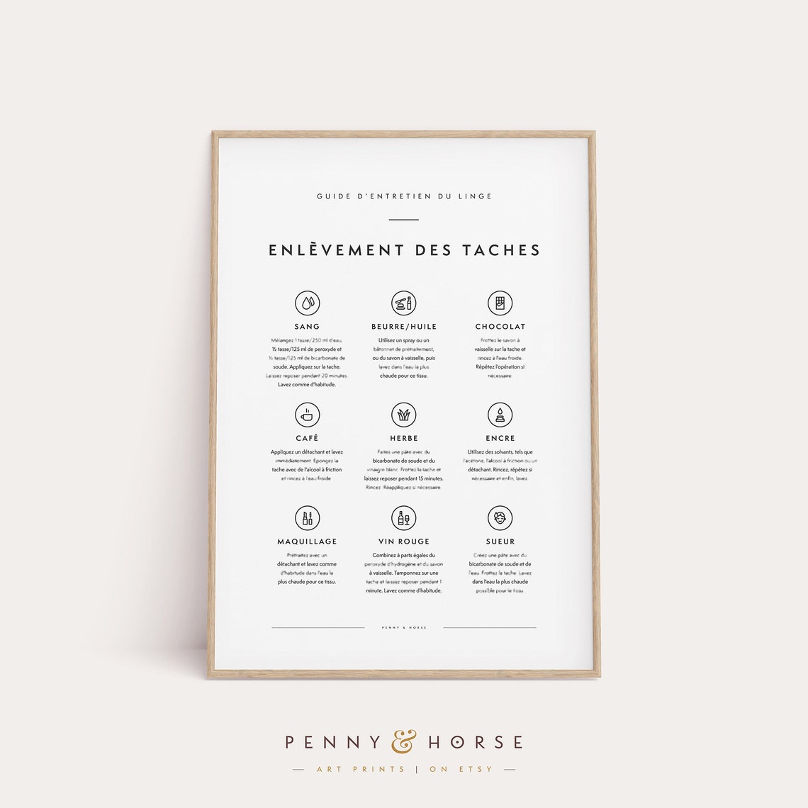 French Stain Removal Guide Poster Laundry Room Chart Linen Care Decor