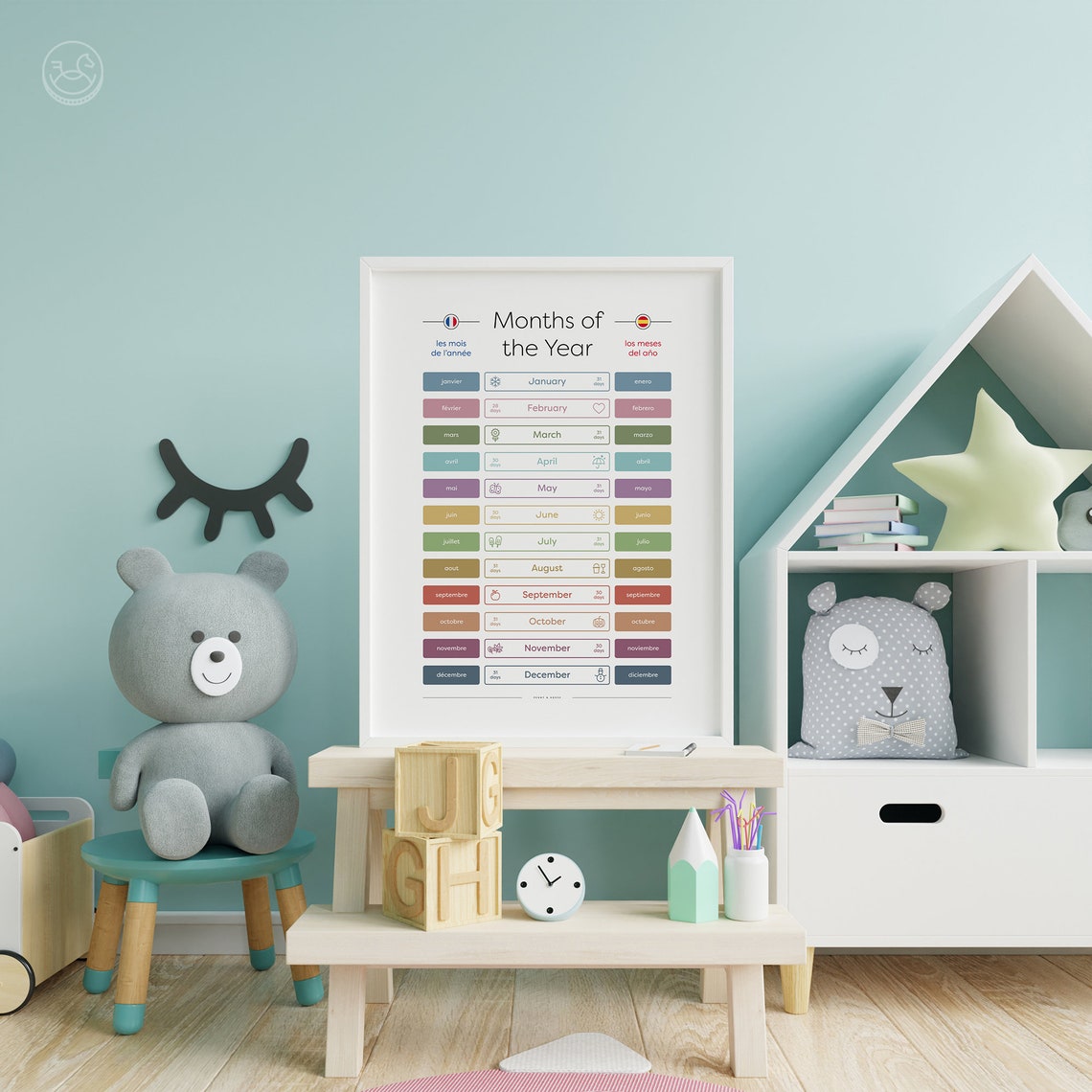 Months of the Year Trilingual English French Spanish Kids Chart Poster - Image 2