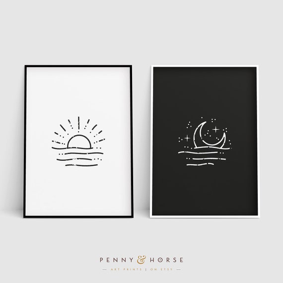 Sun Moon Print Set Wall Art Abstract Illustration Sunrise Moon Wall Decor Stars Decor Art