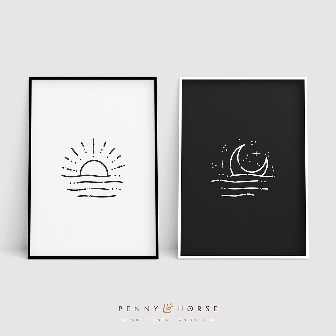 Sun and Moon Minimalist Line Art Pair Day Night Celestial Wall Poster