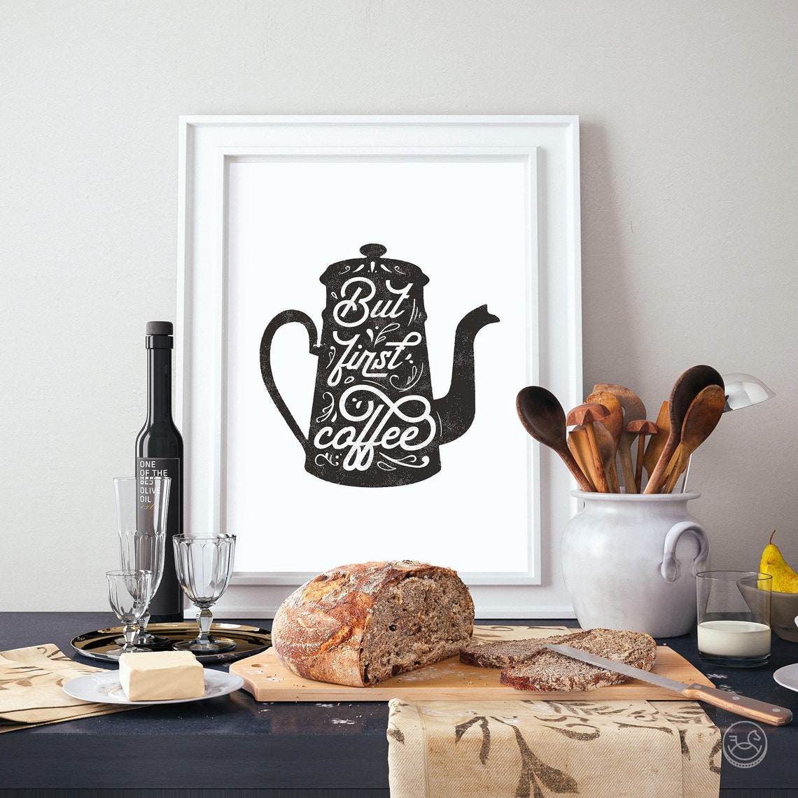But First Coffee Vintage Enamel Pot Hand Lettered Kitchen Quote Poster - Image 3