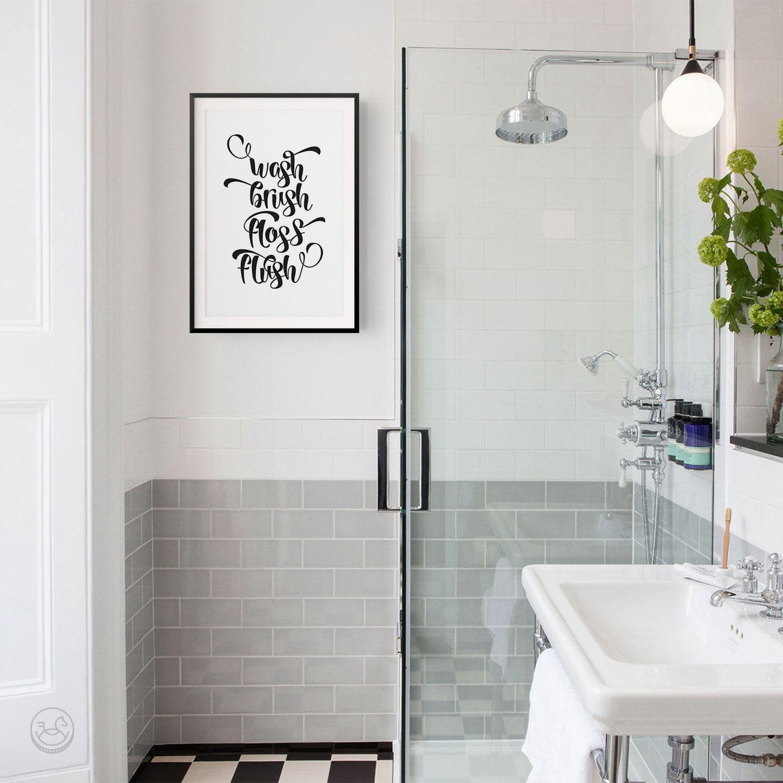 Wash Brush Floss Flush Script Poster Bathroom Calligraphy Wall Decor - Image 2