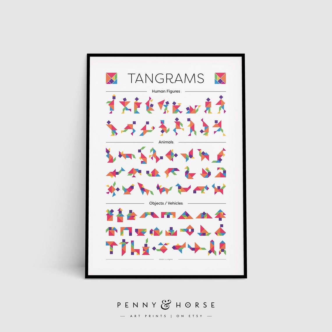 Tangram Puzzle Shapes Human Figures Animals Objects Chart Poster