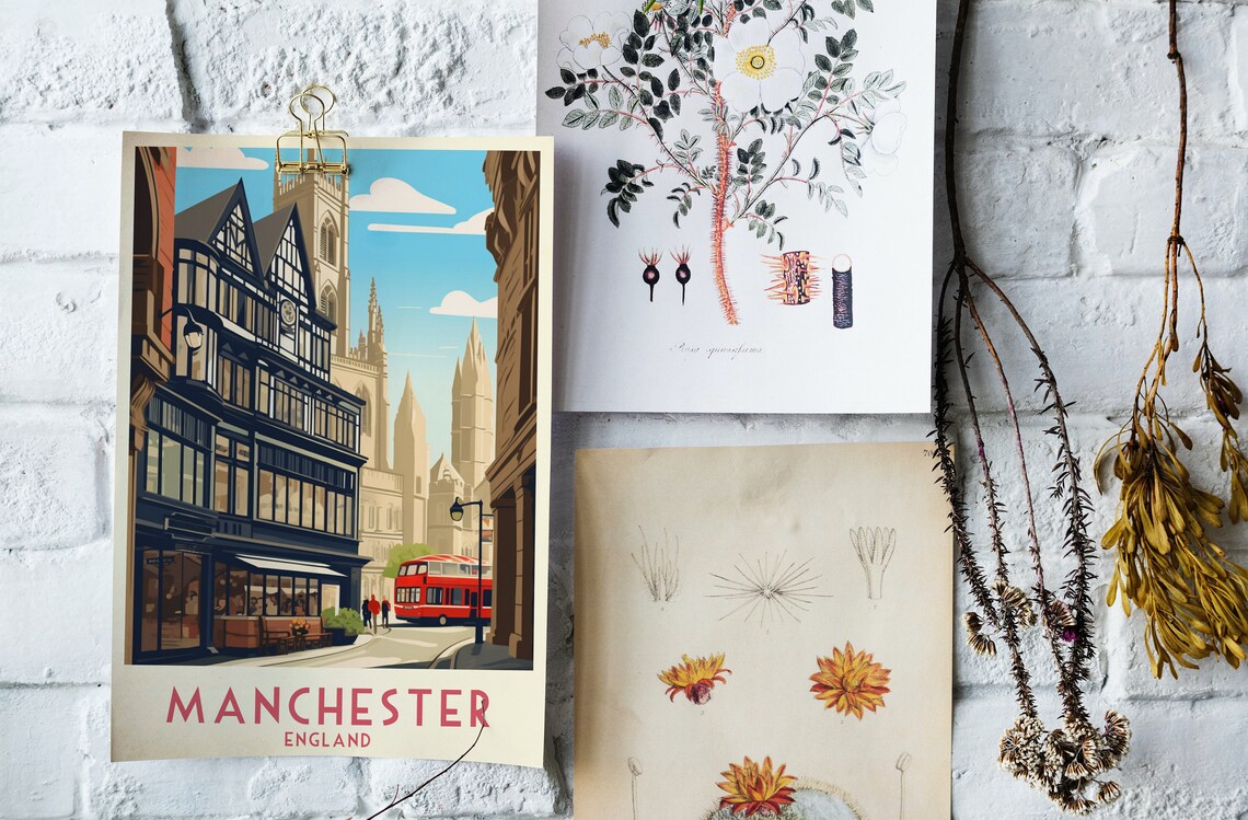 Manchester England Cathedral and Red Bus Retro Travel Poster - Image 4