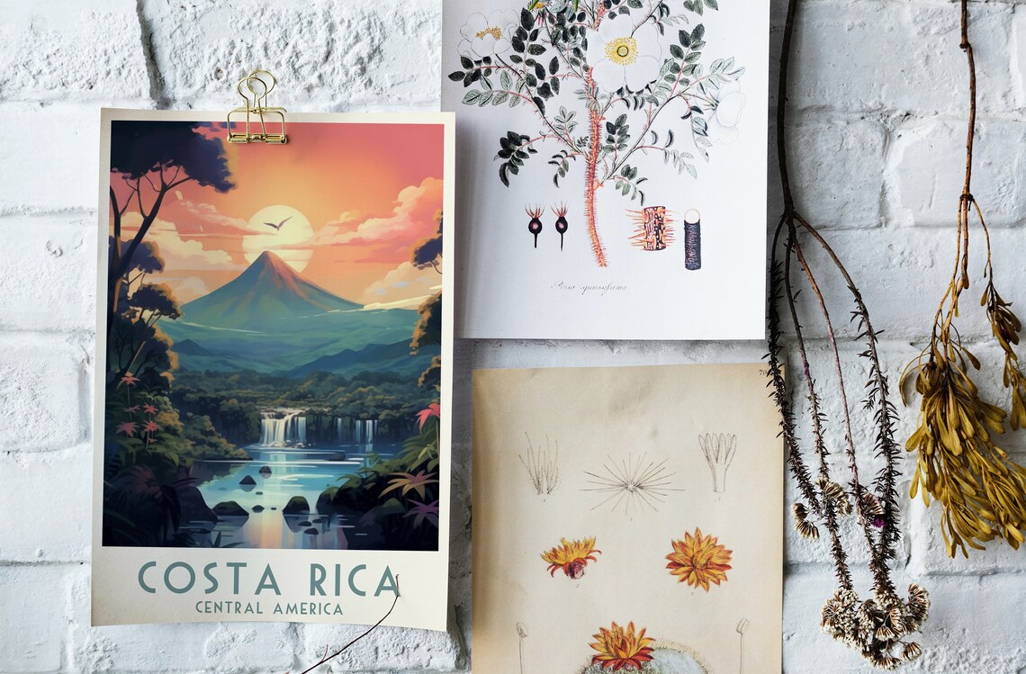 Costa Rica Volcano and Waterfall Lagoon Scenic Travel Poster Art - Image 4