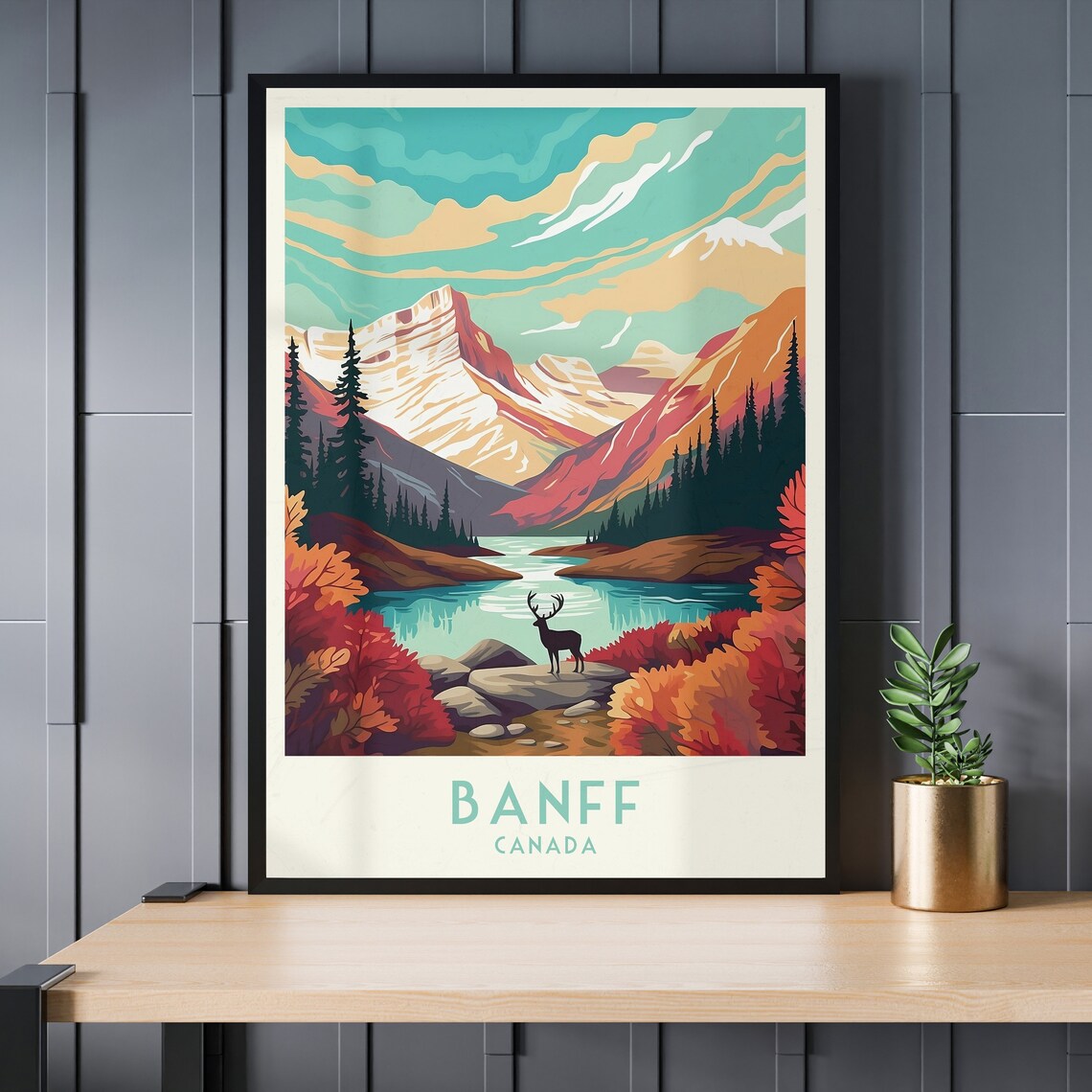Banff Canada Vintage Autumn Mountain Lake Deer Silhouette Poster - Image 3