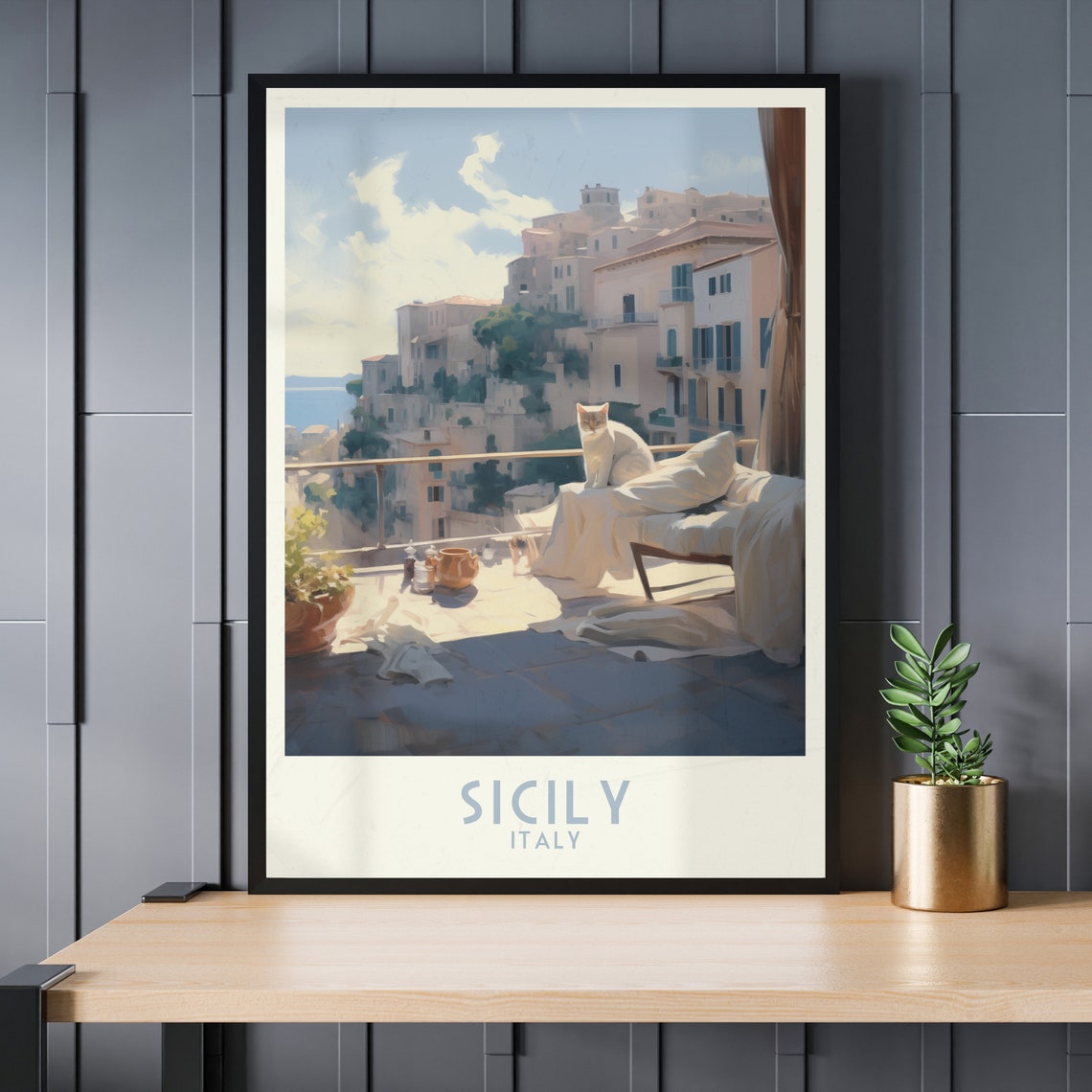 Sicily Italy Sunny Balcony Cat Overlooking Old Town Hillside Poster - Image 3