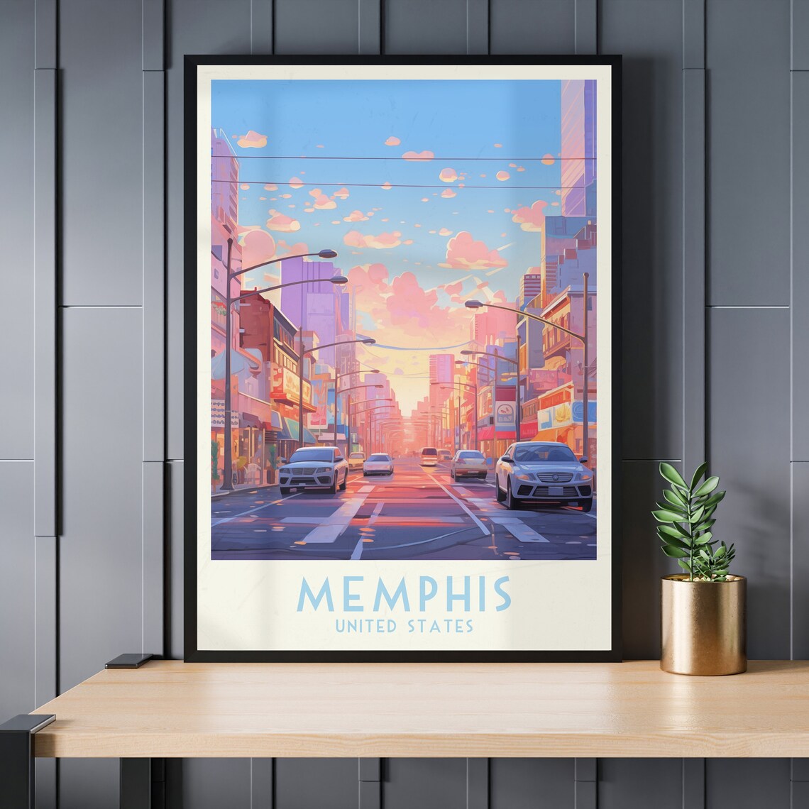 Memphis Sunset City Street with Pink Clouds Travel Poster Art - Image 3