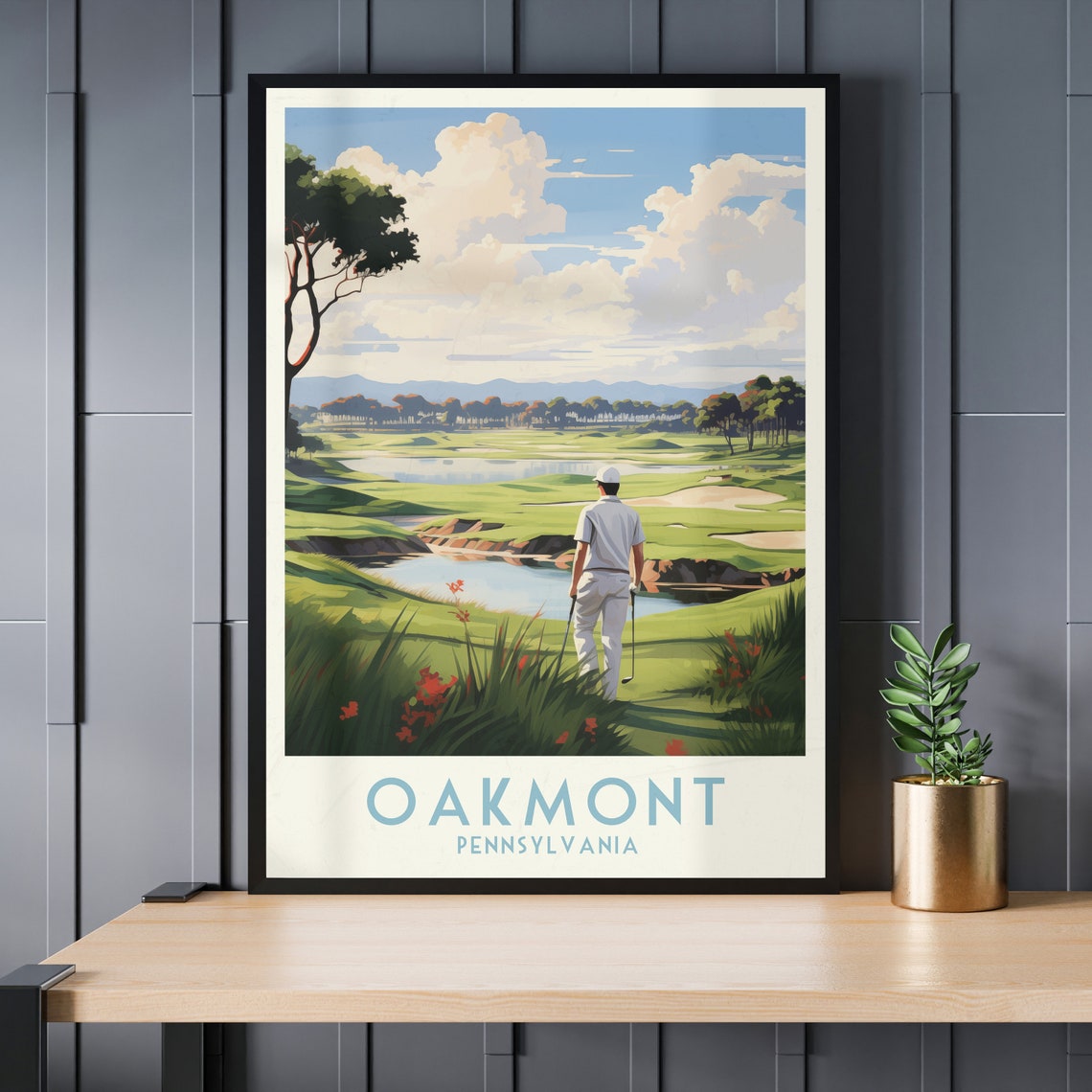 Oakmont Pennsylvania Golfer at Sunset by Water Golf Art Poster - Image 4