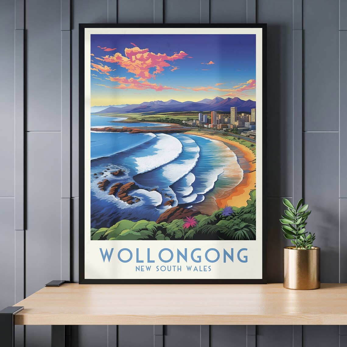 Wollongong New South Wales Vintage Surf Beach City Skyline Poster - Image 3