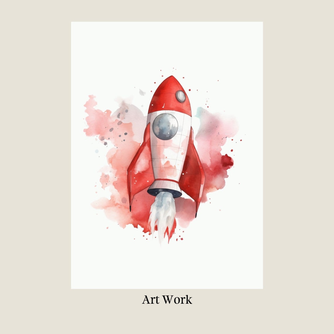 Red Rocket Ship Pink Watercolor Splash Kids Room Nursery Poster - Image 2
