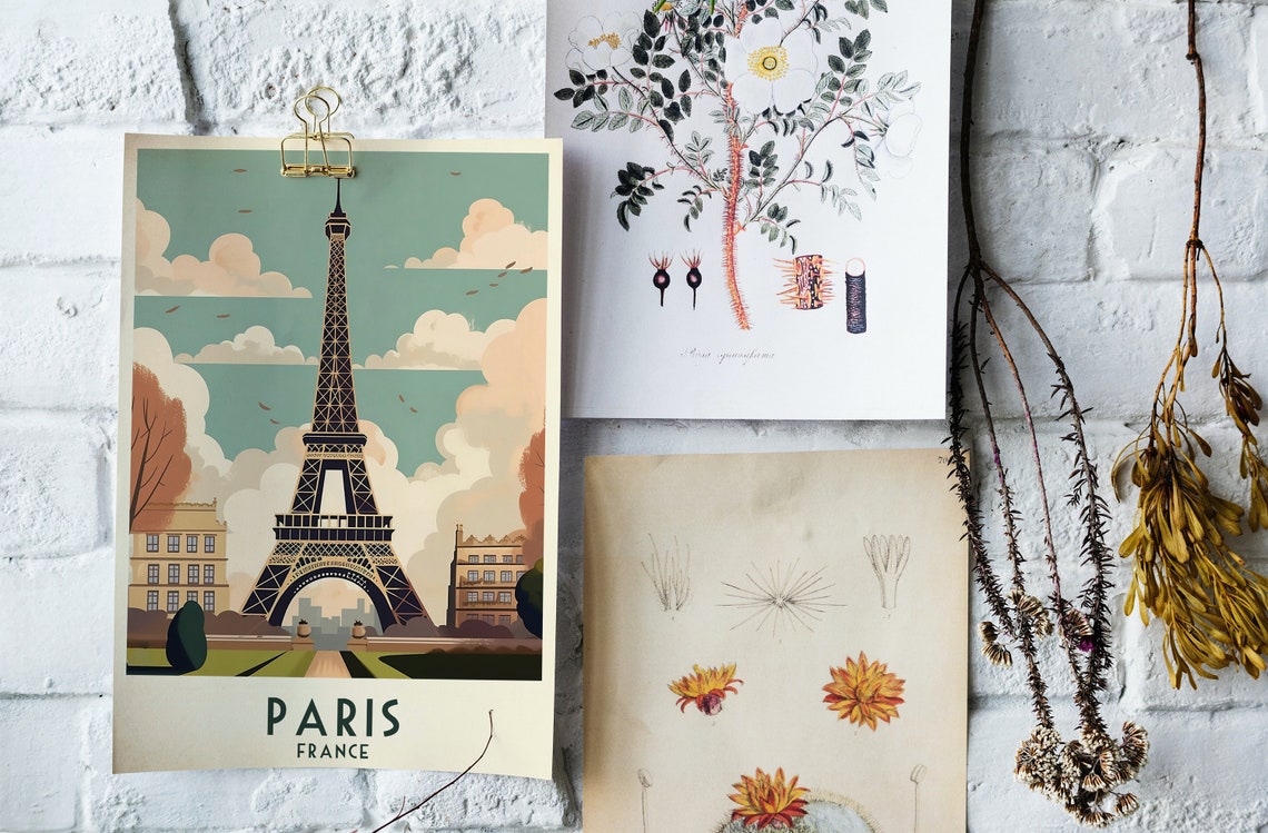 Paris France Eiffel Tower Cloudy Sky Vintage Retro Travel Poster - Image 4