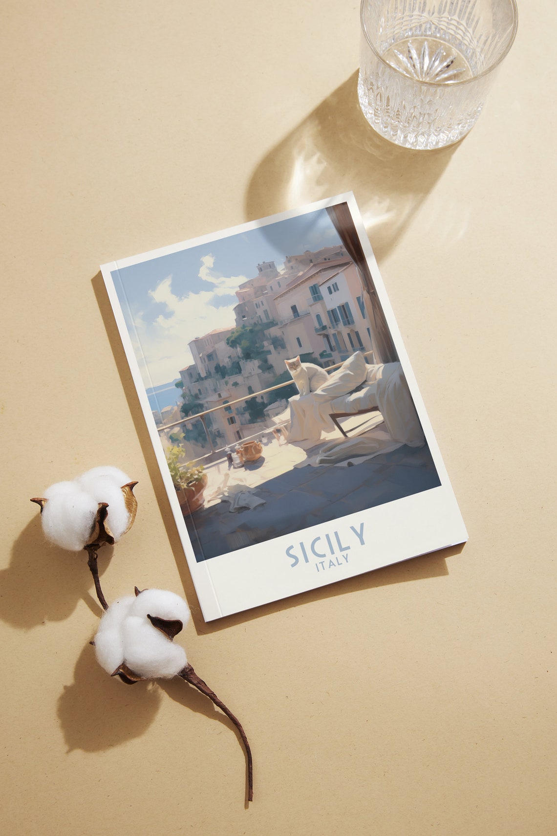 Sicily Italy Sunny Balcony Cat Overlooking Old Town Hillside Poster - Image 2