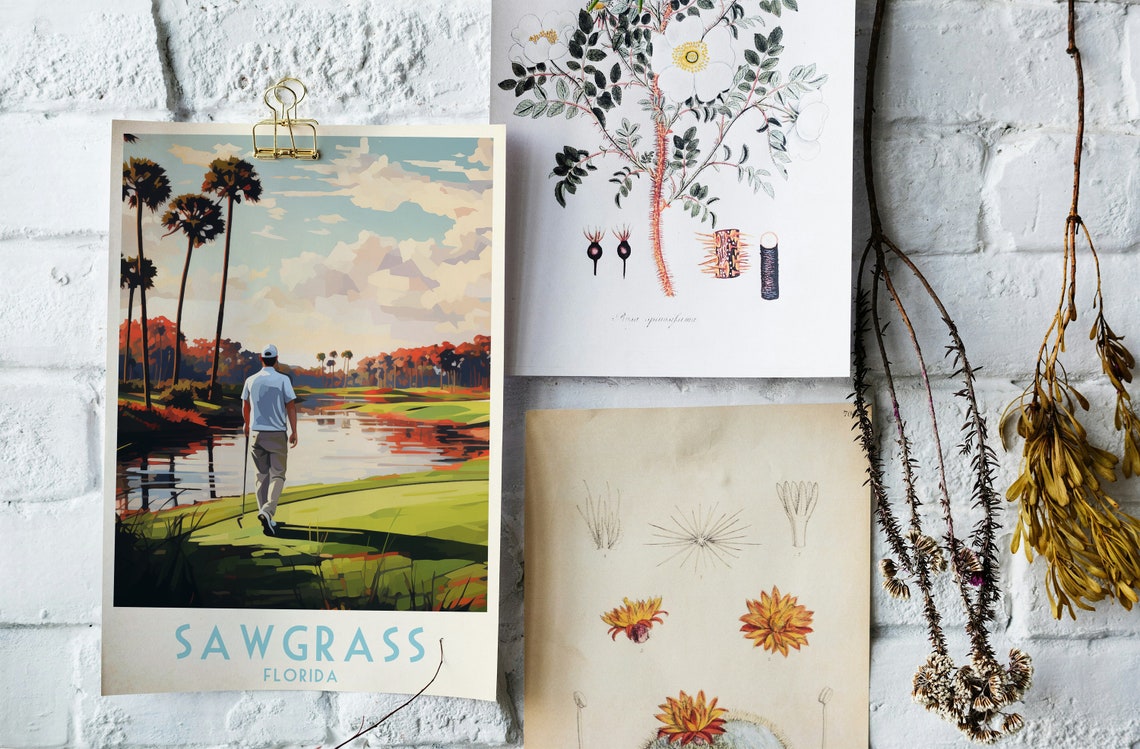 Sawgrass Florida Golfer by Water Palm Trees Sunset Golf Poster - Image 3