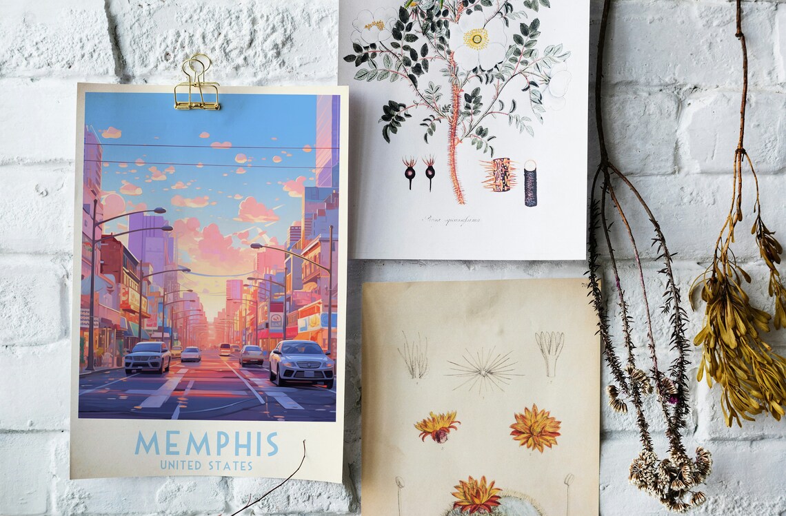 Memphis Sunset City Street with Pink Clouds Travel Poster Art - Image 4