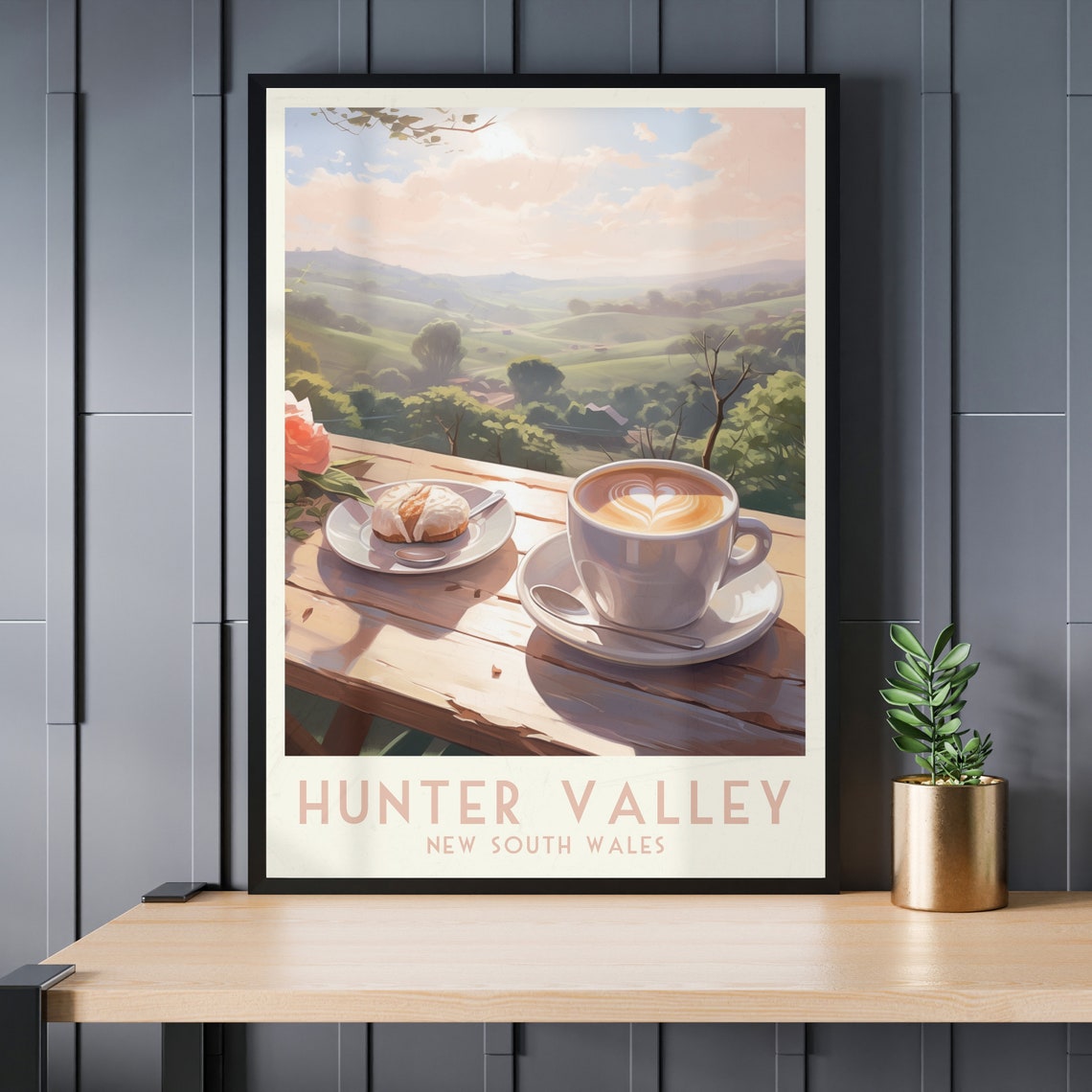 Hunter Valley Poster with Latte Art and Croissant on a Deck View - Image 3