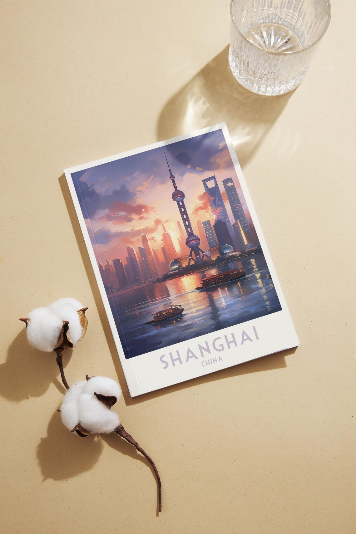 Shanghai China Pudong Skyline Sunset River Boats Travel Poster - Image 2