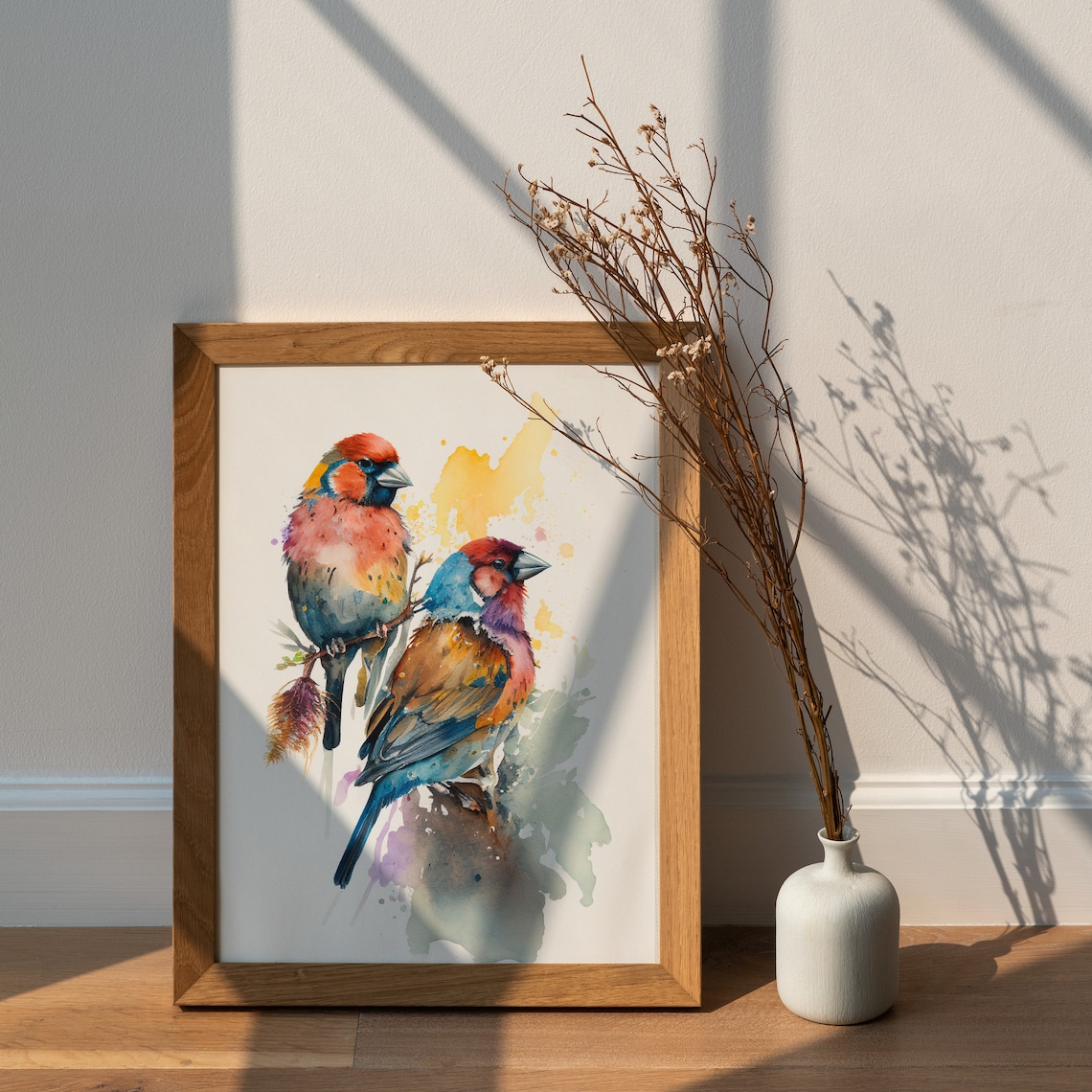 Two Colorful Finch Birds Watercolor Splash Painting Art Poster - Image 2