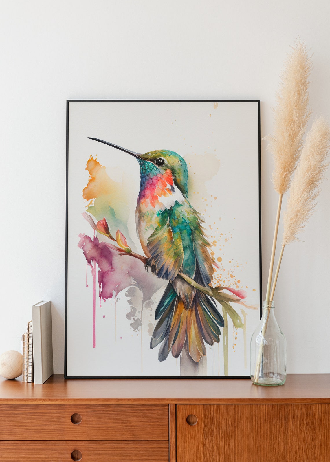 Ruby Throated Hummingbird on Blossoming Branch Watercolor Poster