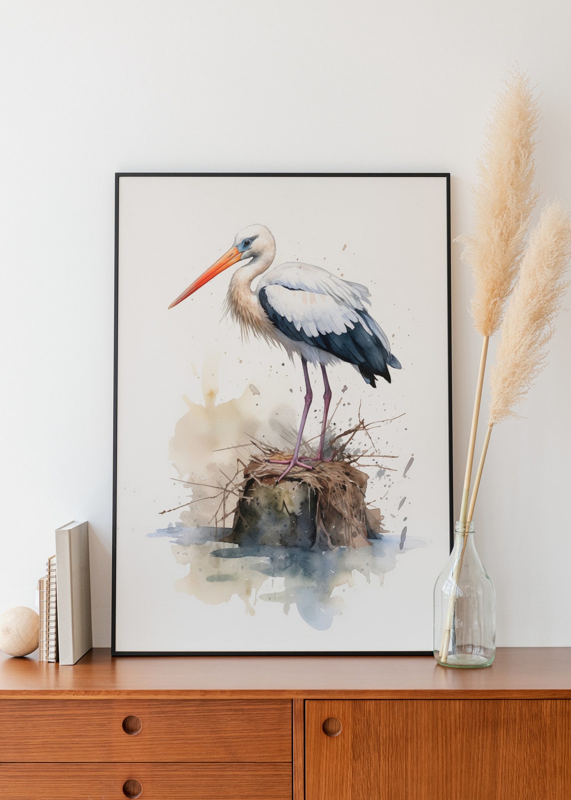 Elegant White Stork Standing on Twiggy Nest Watercolor Bird Poster