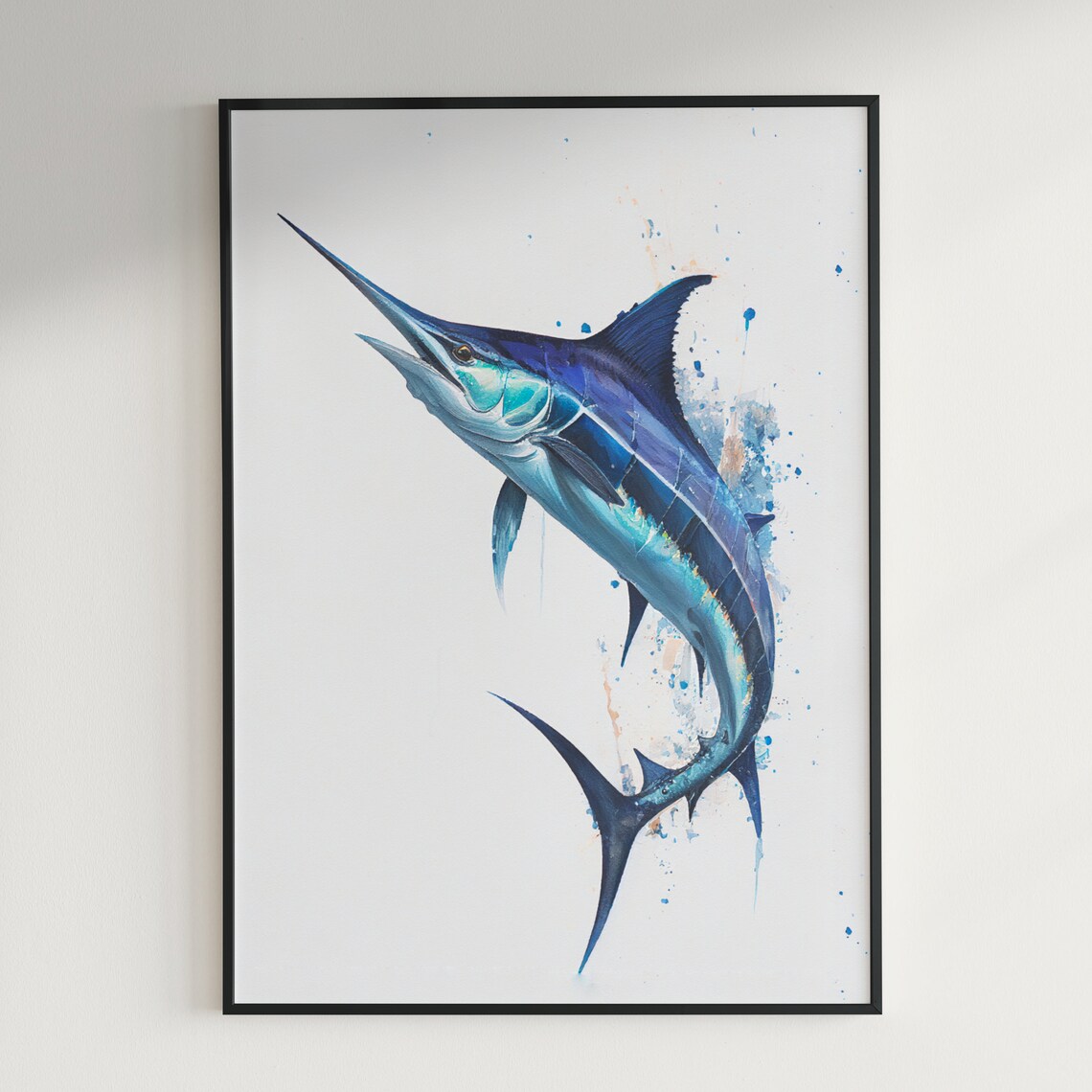 Blue Marlin Fish Watercolor Painting Splash Jumping Art Poster - Image 2