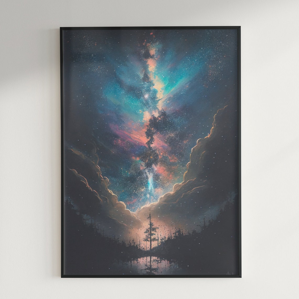 Colorful Nebula Column Rising High Over Forest Lake Night Poster - Image 2