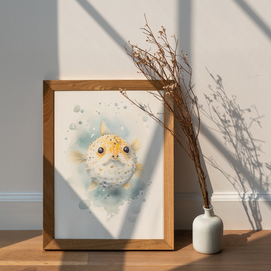 Cute Baby Pufferfish Watercolor Ocean Kids Nursery Room Wall Art - Image 2