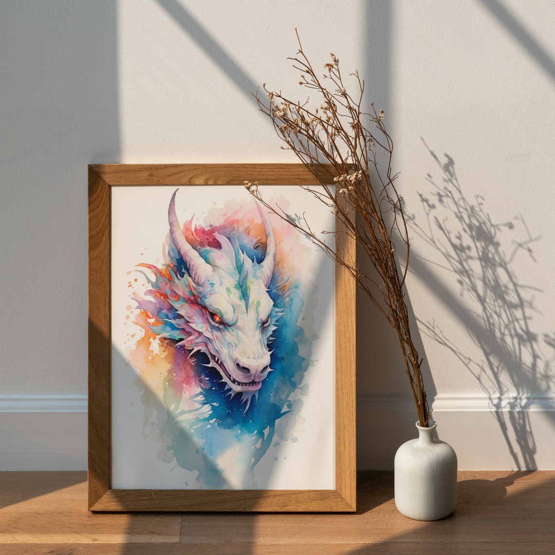 Fierce White Dragon Head Rainbow Watercolor Fantasy Mythical Poster - Image 2