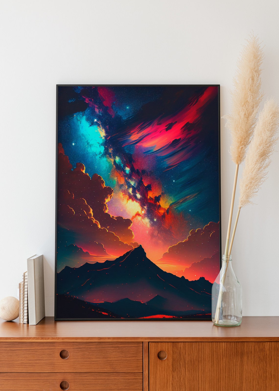 Neon Mountain Silhouette Under Vivid Cosmic Night Sky Poster