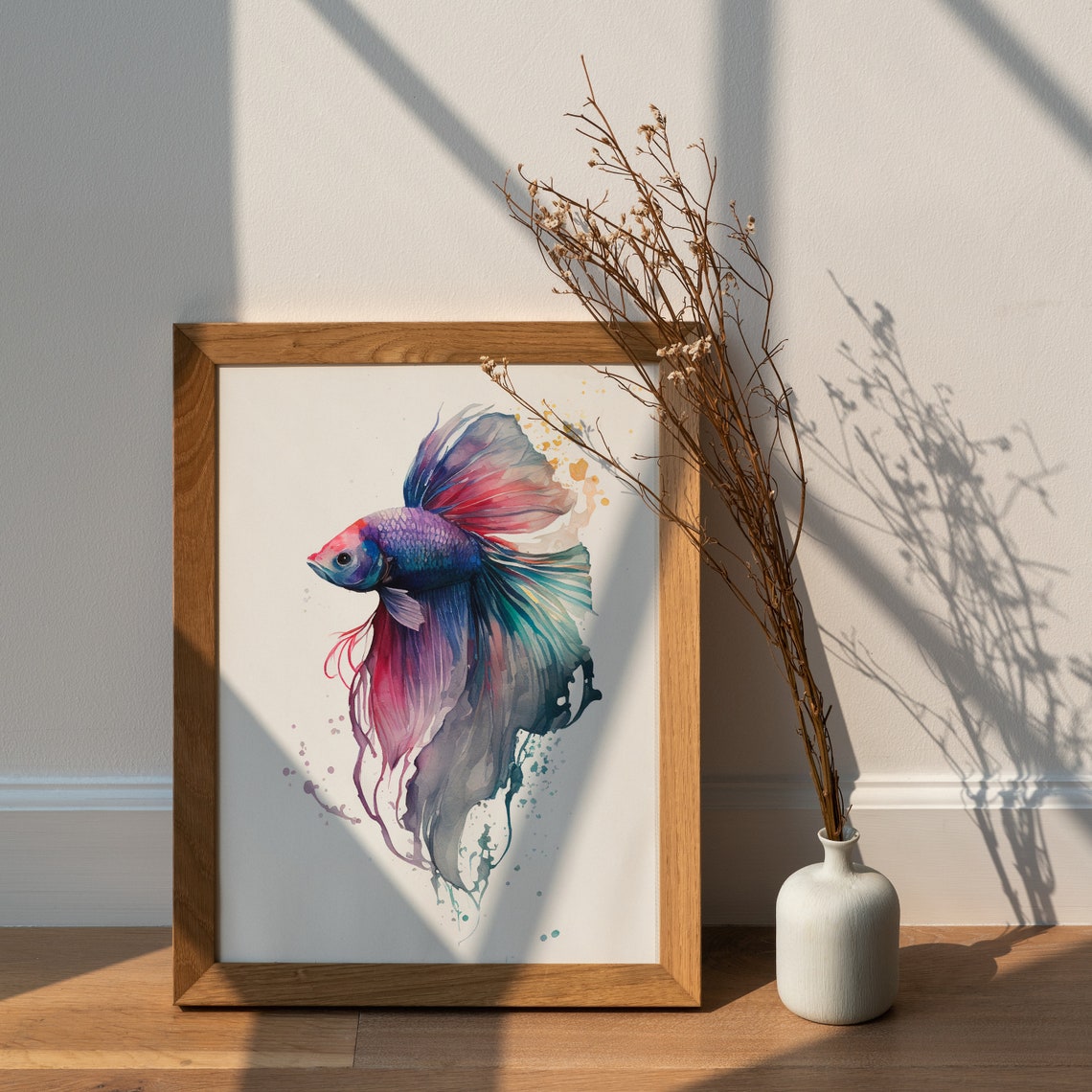 Rainbow Betta Fish Flowing Fins Watercolor Tropical Aquarium Wall Art - Image 3