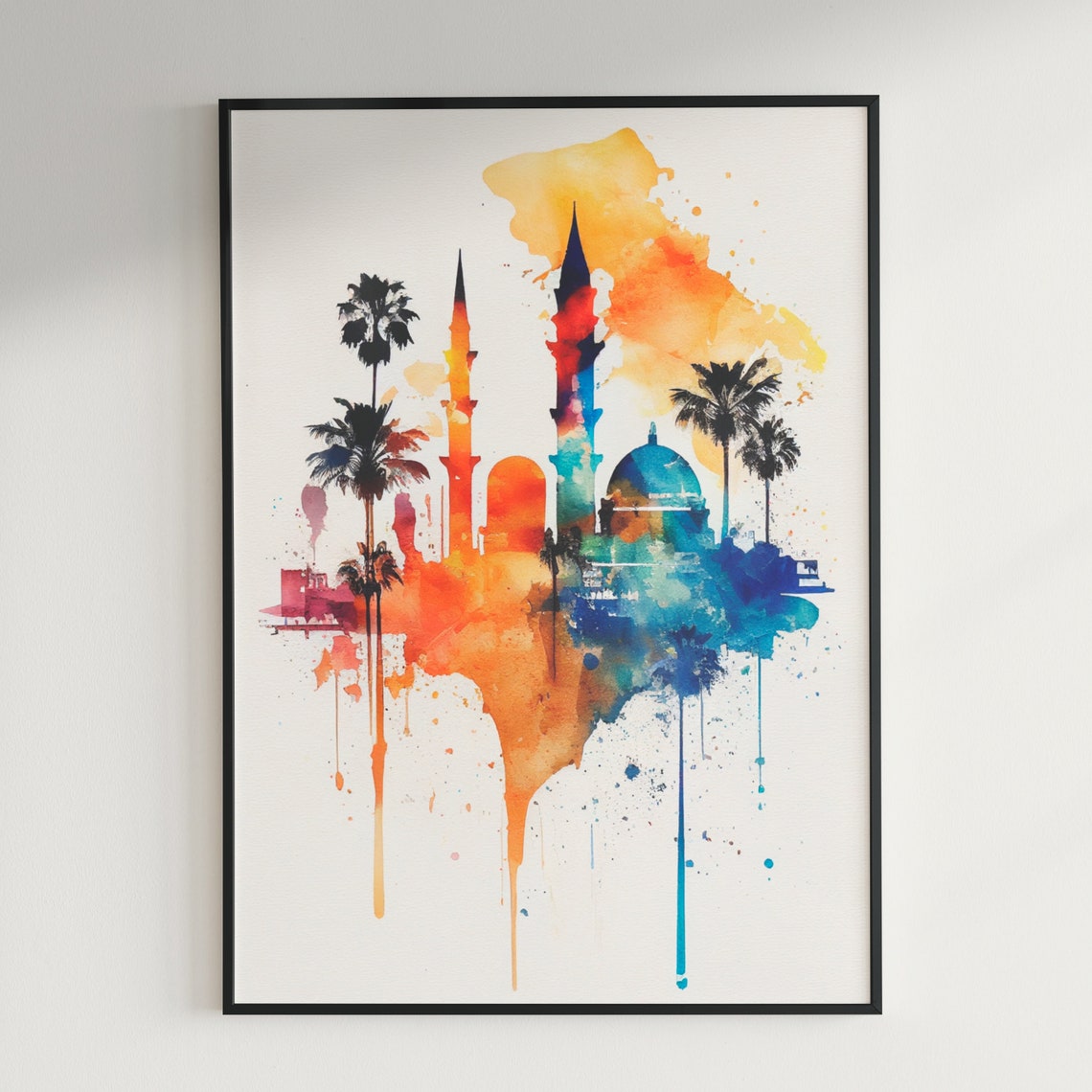 Middle Eastern Skyline Mosque Minarets Watercolor Art Poster - Image 3