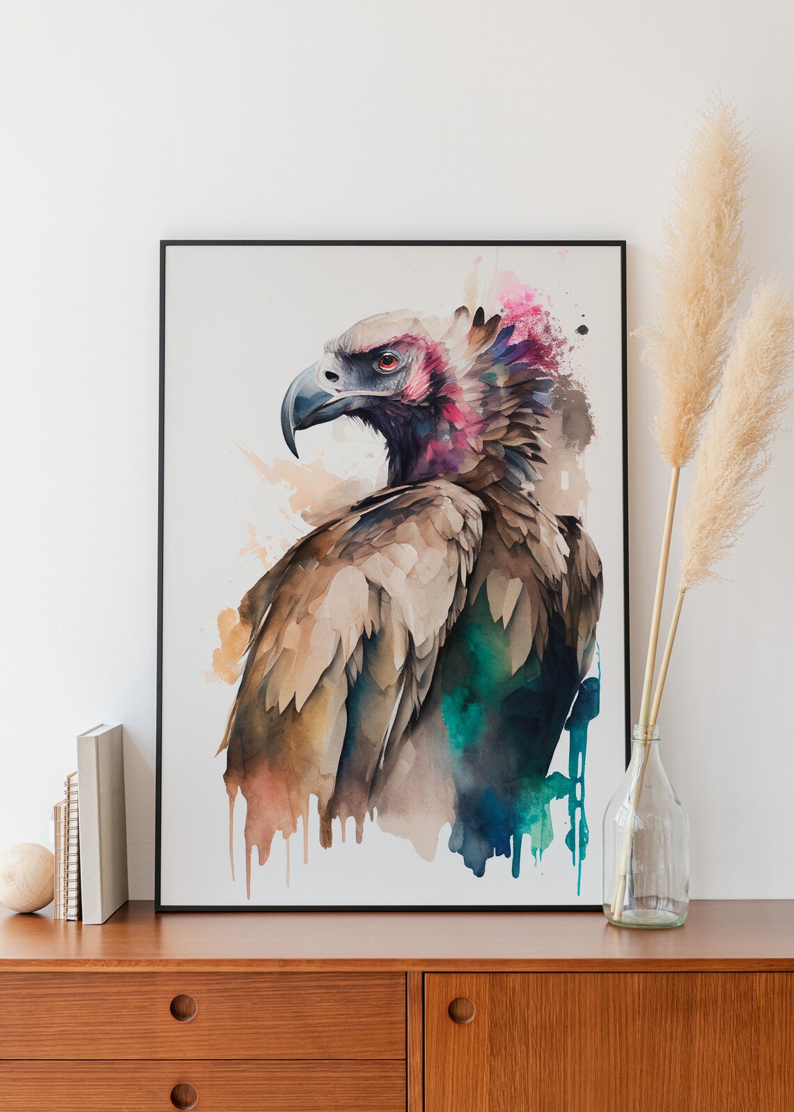Vulture Bird of Prey Watercolor Portrait Dramatic Wildlife Poster