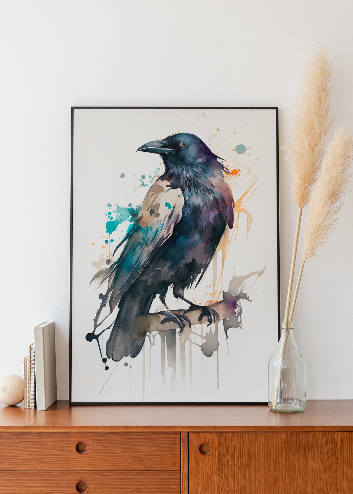 American Crow Perched on Branch Moody Black Bird Watercolor Poster