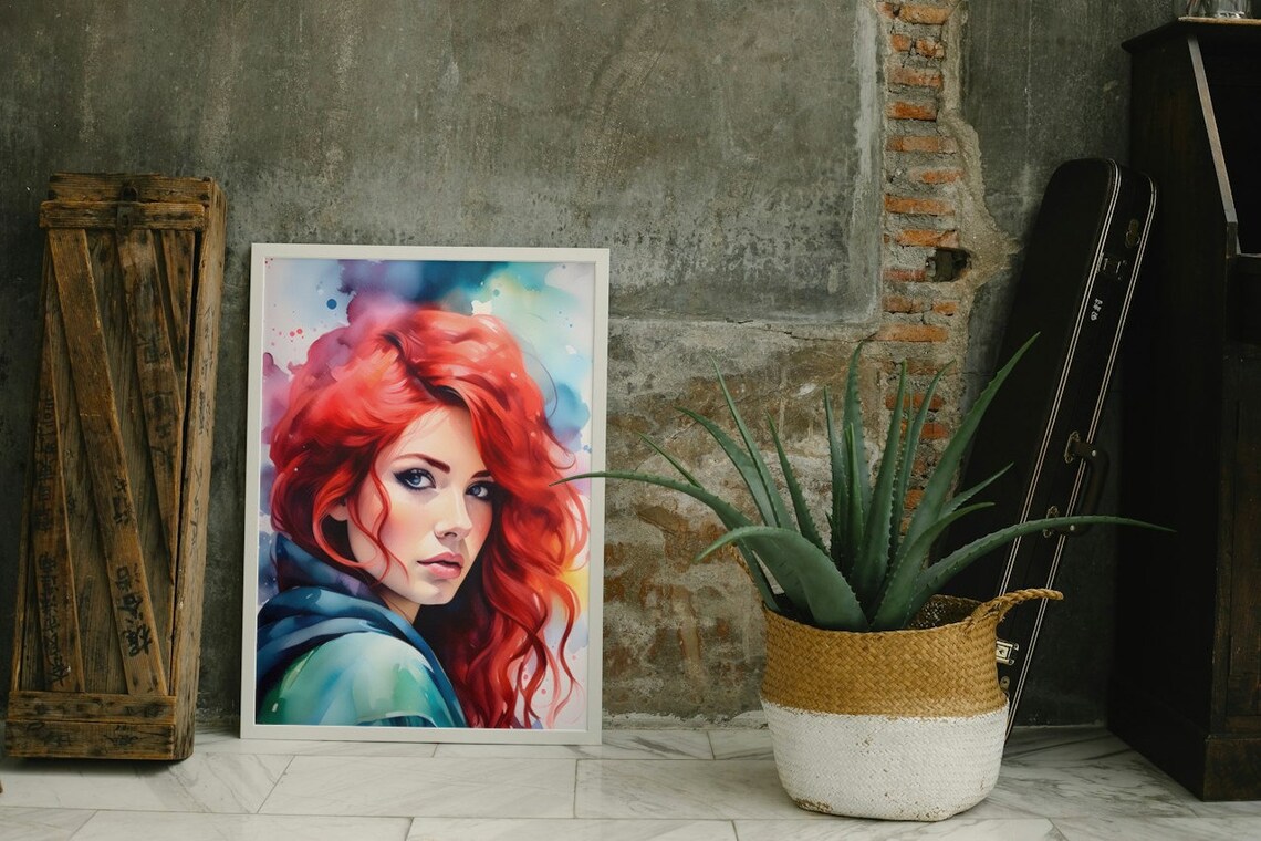 Red Haired Woman Watercolor Portrait Vibrant Feminine Beauty Poster - Image 2