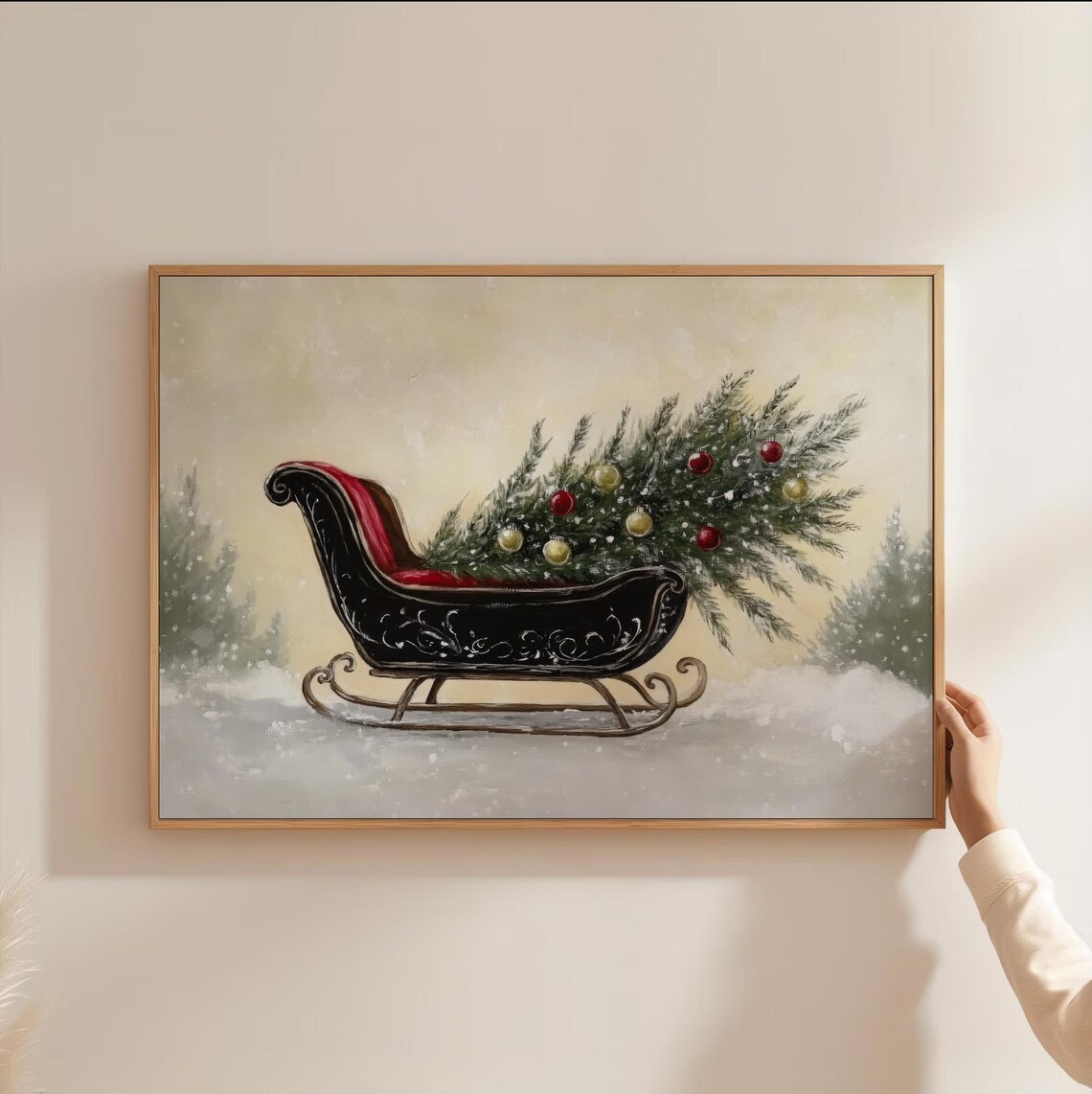 Vintage Christmas Sleigh Decorated Tree Snowy Holiday Poster - Image 3