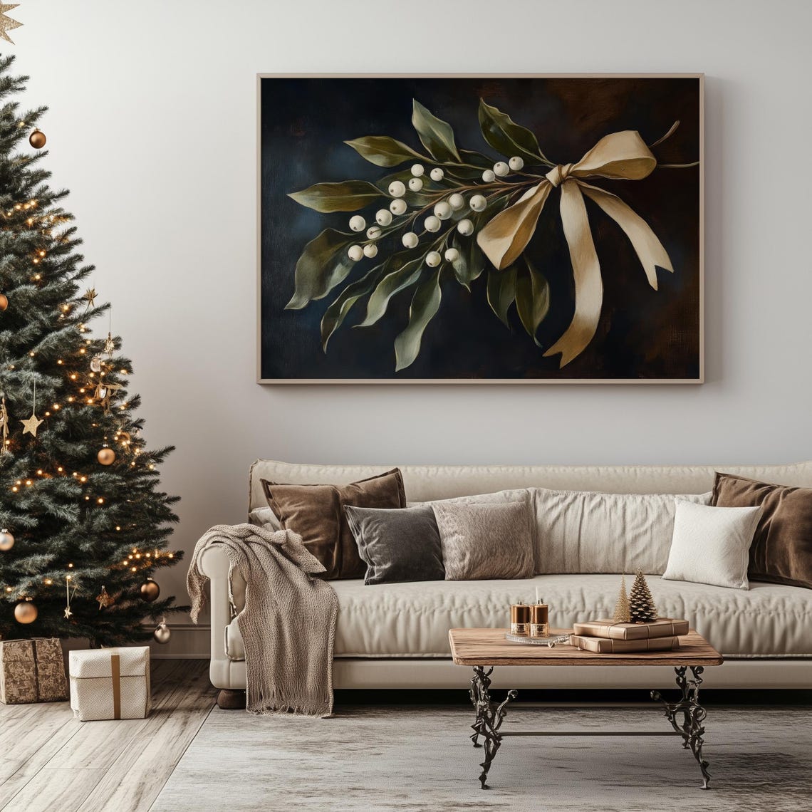 Dark Moody Mistletoe White Berries Champagne Bow Holiday Poster - Image 4
