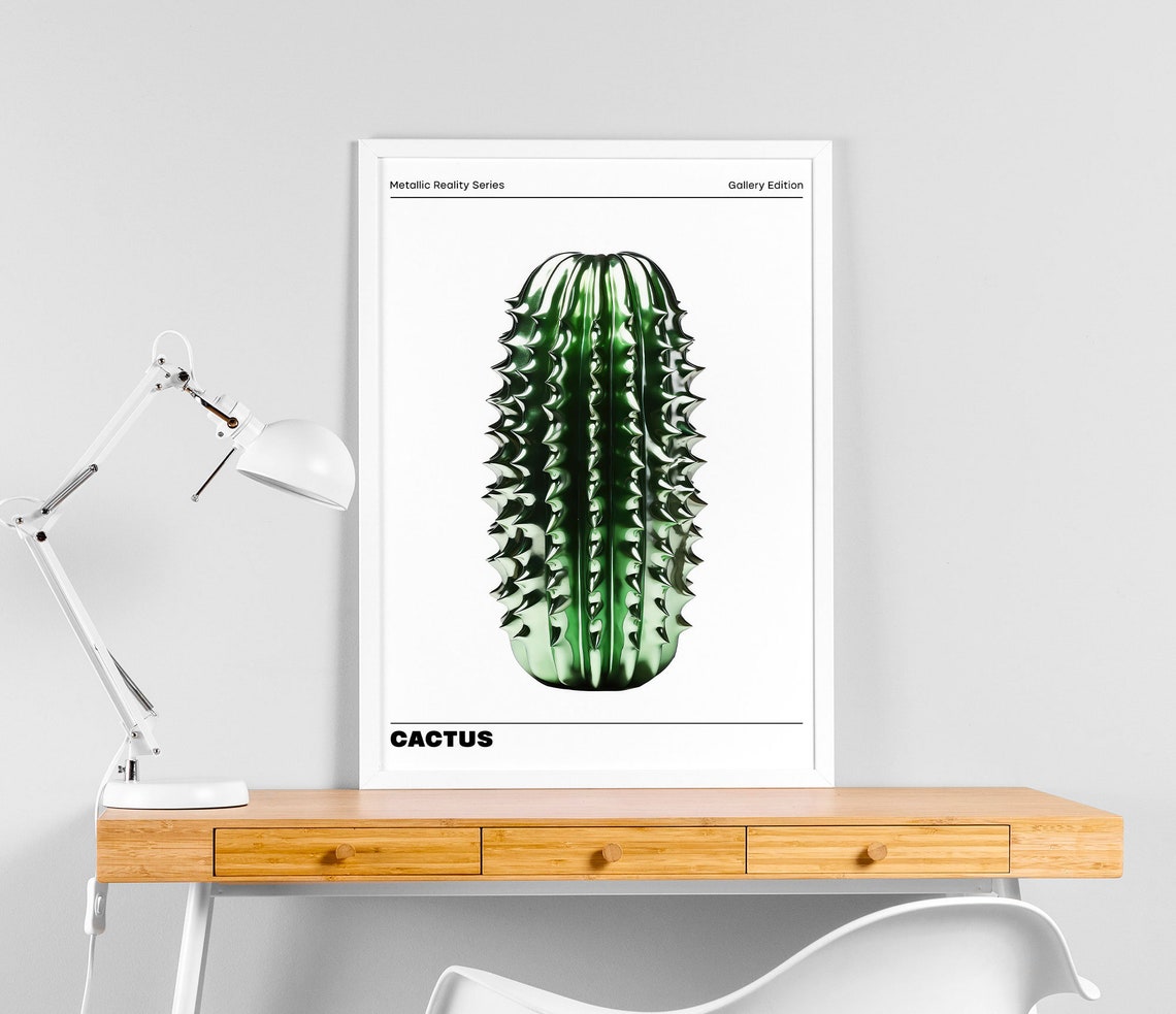 Chrome Green Metallic Cactus Sculpture Pop Art Wall Decor Poster - Image 2