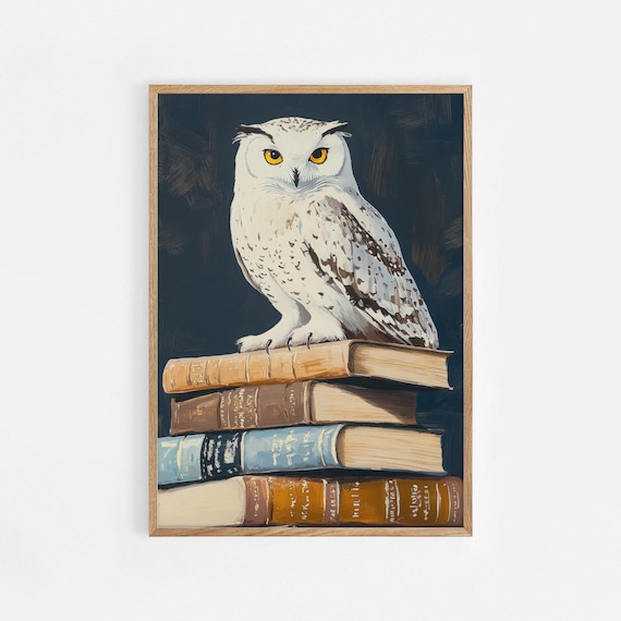 Owl On Books Art Print Vintageinspired Painting Scholarly Bird Wall Cozy Library Decor Book Lover Gift Academic Poster 1035