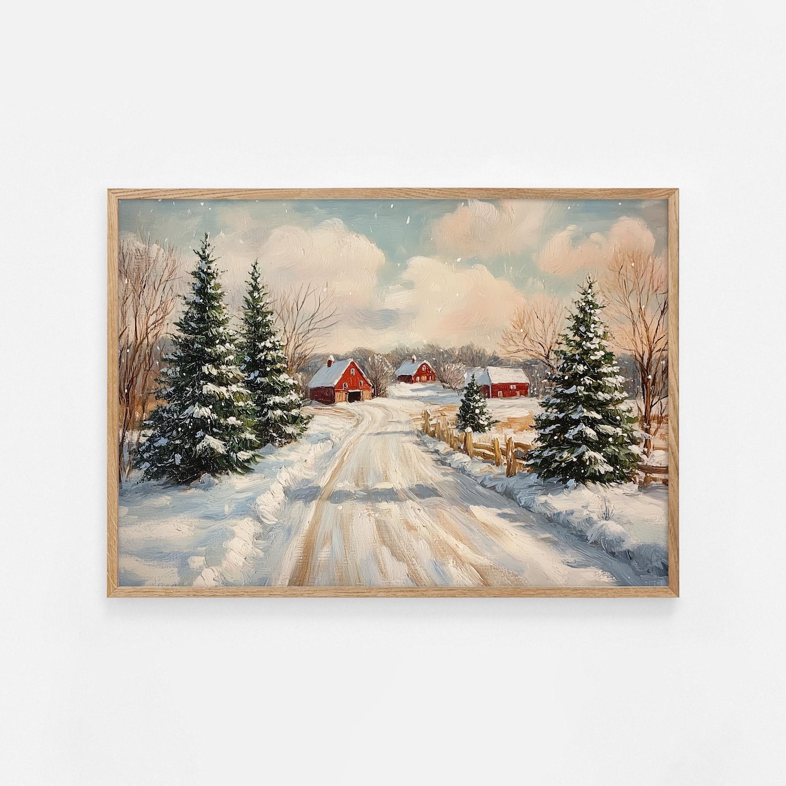 Snowy Country Road Red Barns Winter Landscape Painting Poster