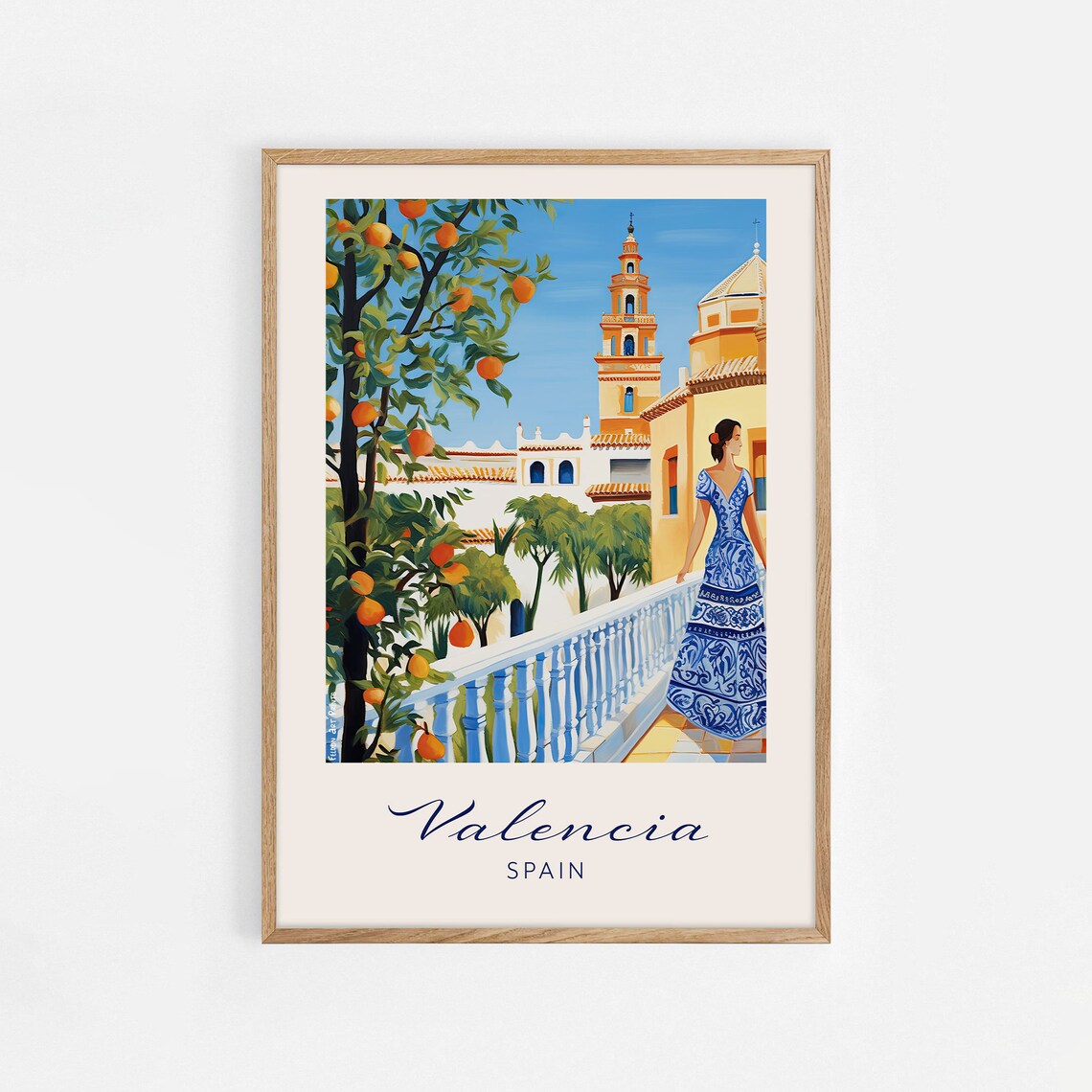 Valencia Spain Vintage Travel Poster Orange Terrace Spanish Church