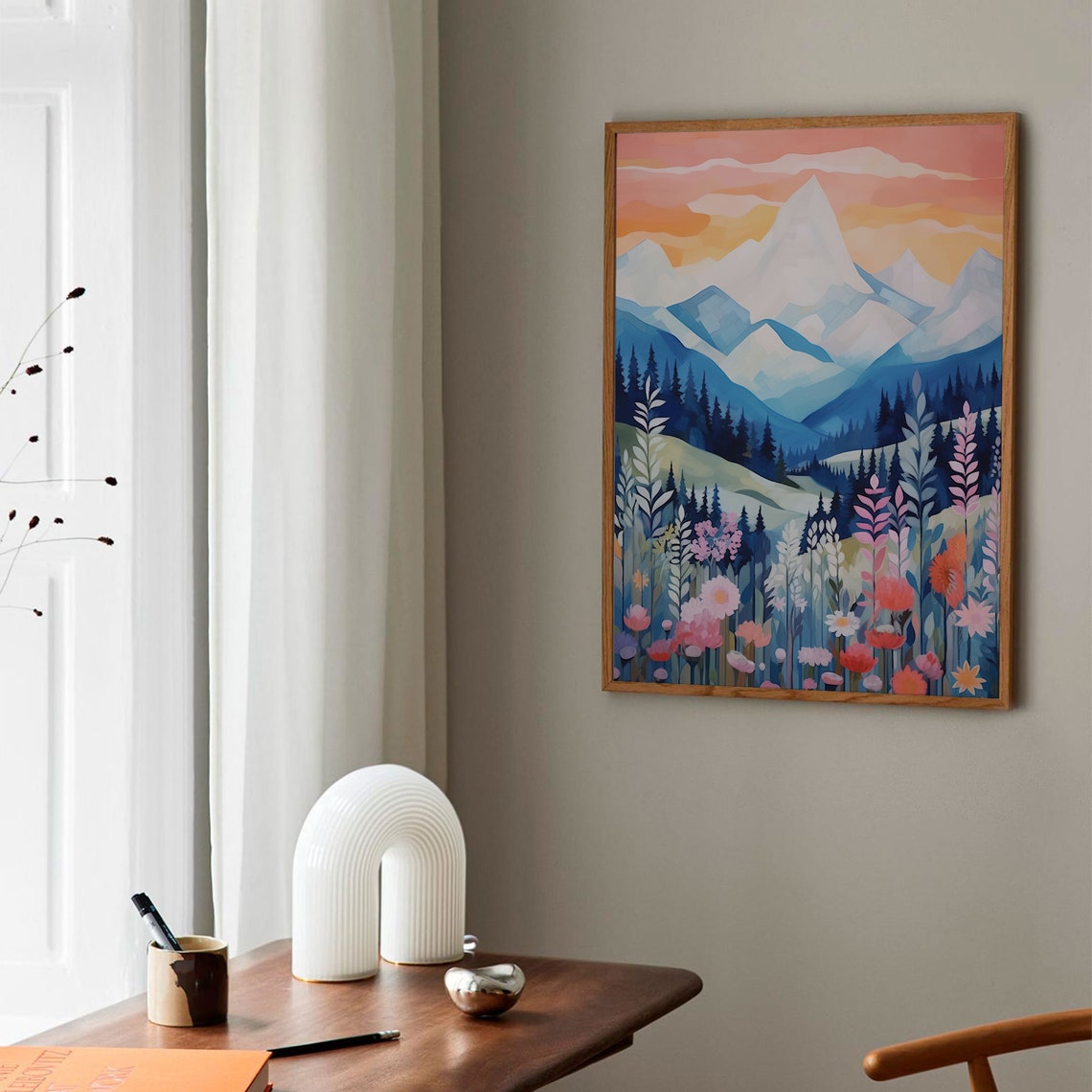 Snowy Mountain Sunset Wildflower Meadow Colorful Landscape Poster - Image 2