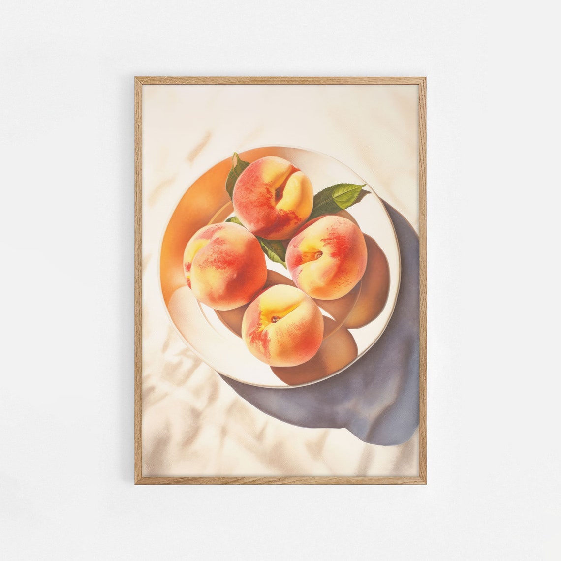 Peaches On Plate Sunlit Realistic Fruit Still Life Kitchen Poster