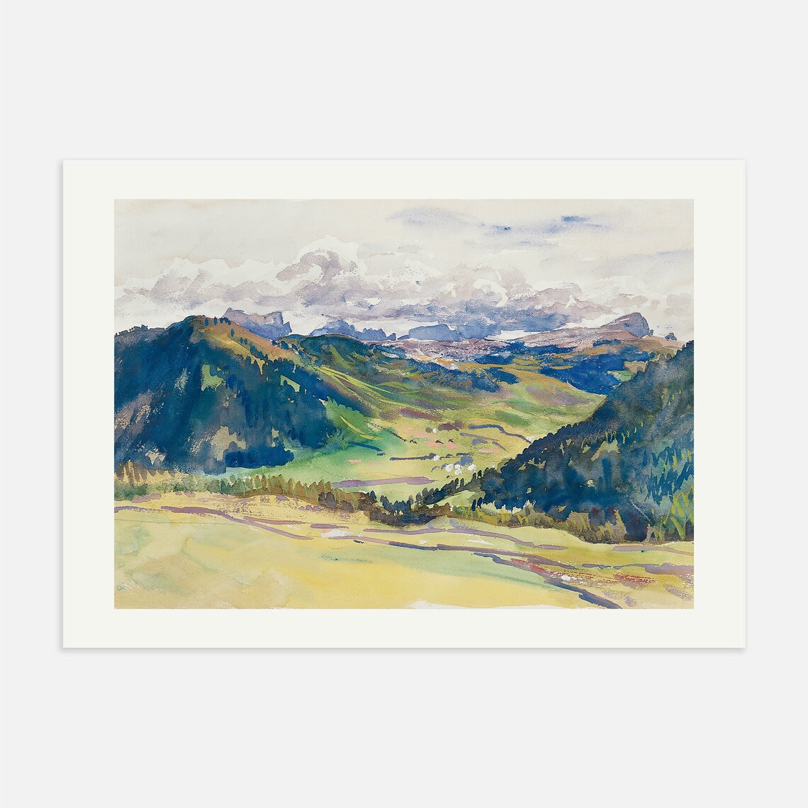 Green Alpine Valley Mountains Watercolor Landscape Painting Poster - Image 4