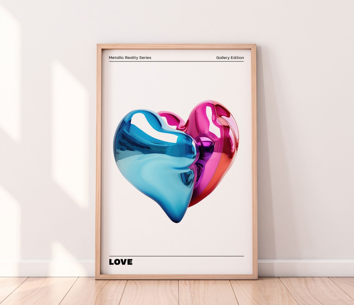 Metallic Blue Pink Chrome Heart Love Sculpture Pop Art Poster - Image 3