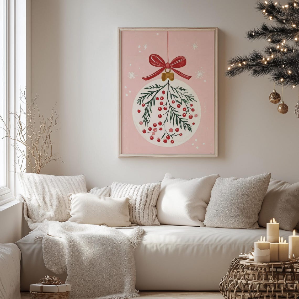 Pink Christmas Bauble With Red Bow Winter Berry Ornament Art Poster - Image 4