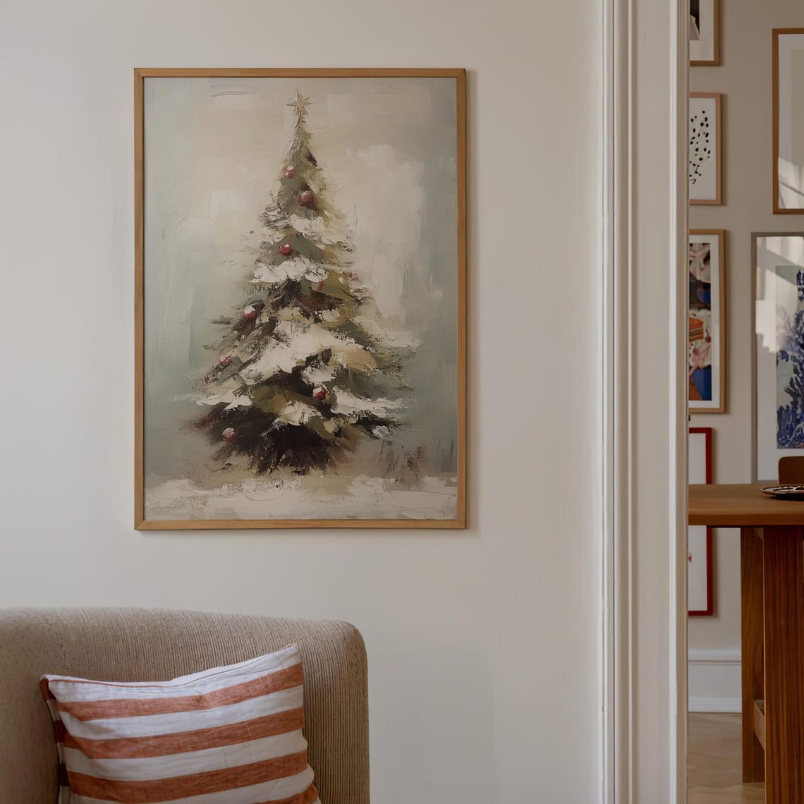 Snowy Christmas Tree Oil Painting Neutral Winter Holiday Poster - Image 4
