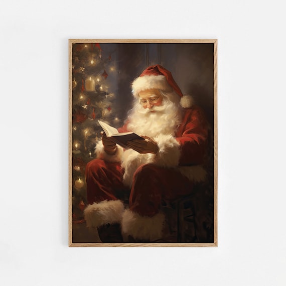 Santa Claus Reading Book Christmas Tree Vintage Style Oil Poster