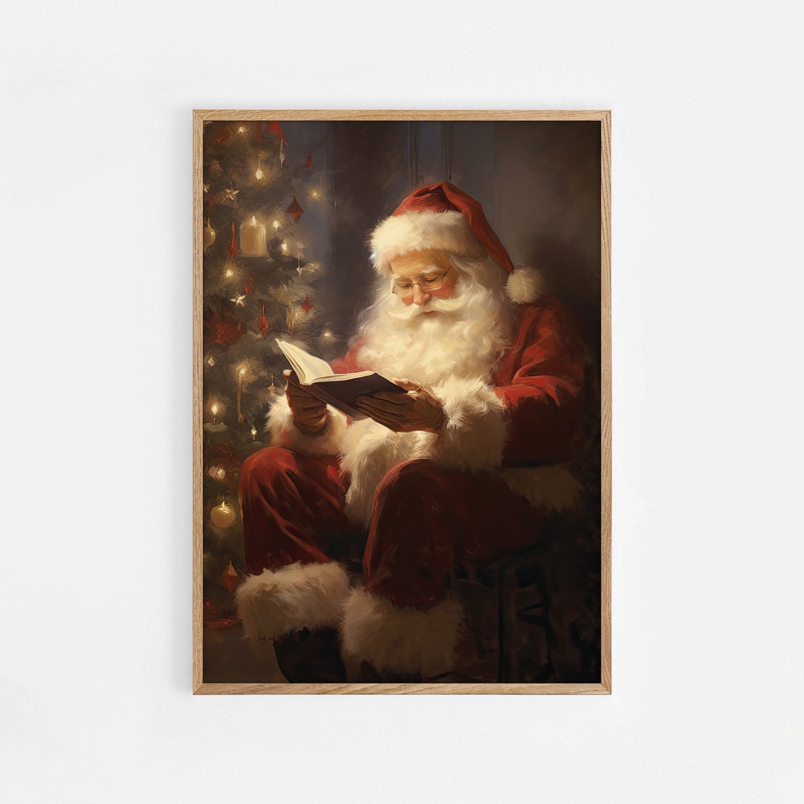 Santa Claus Reading Book Christmas Tree Vintage Style Oil Poster