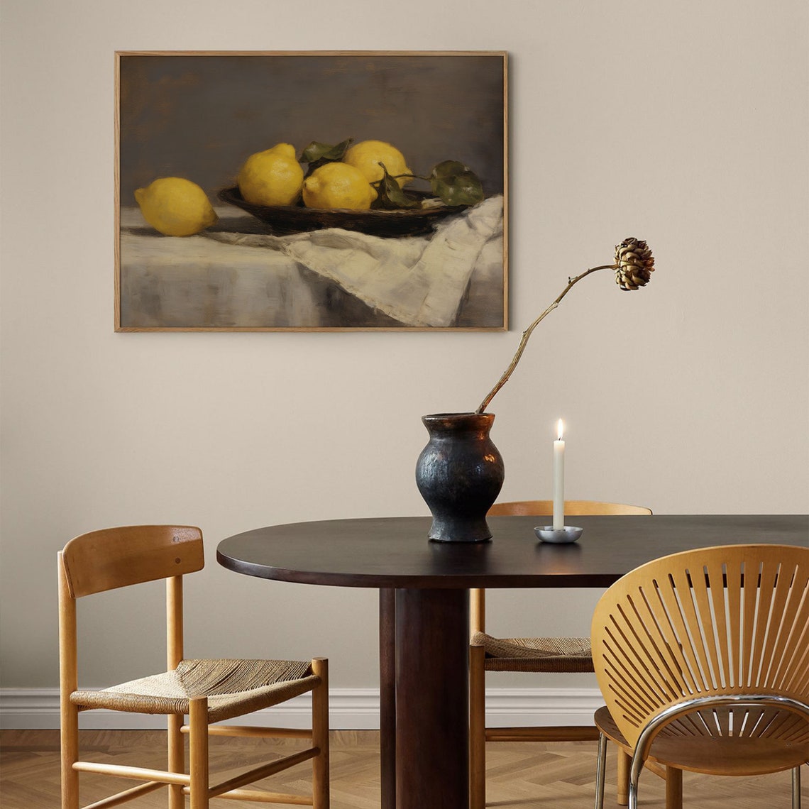 Vintage Lemon Still Life Dark Moody Fruit Oil Painting Poster - Image 3