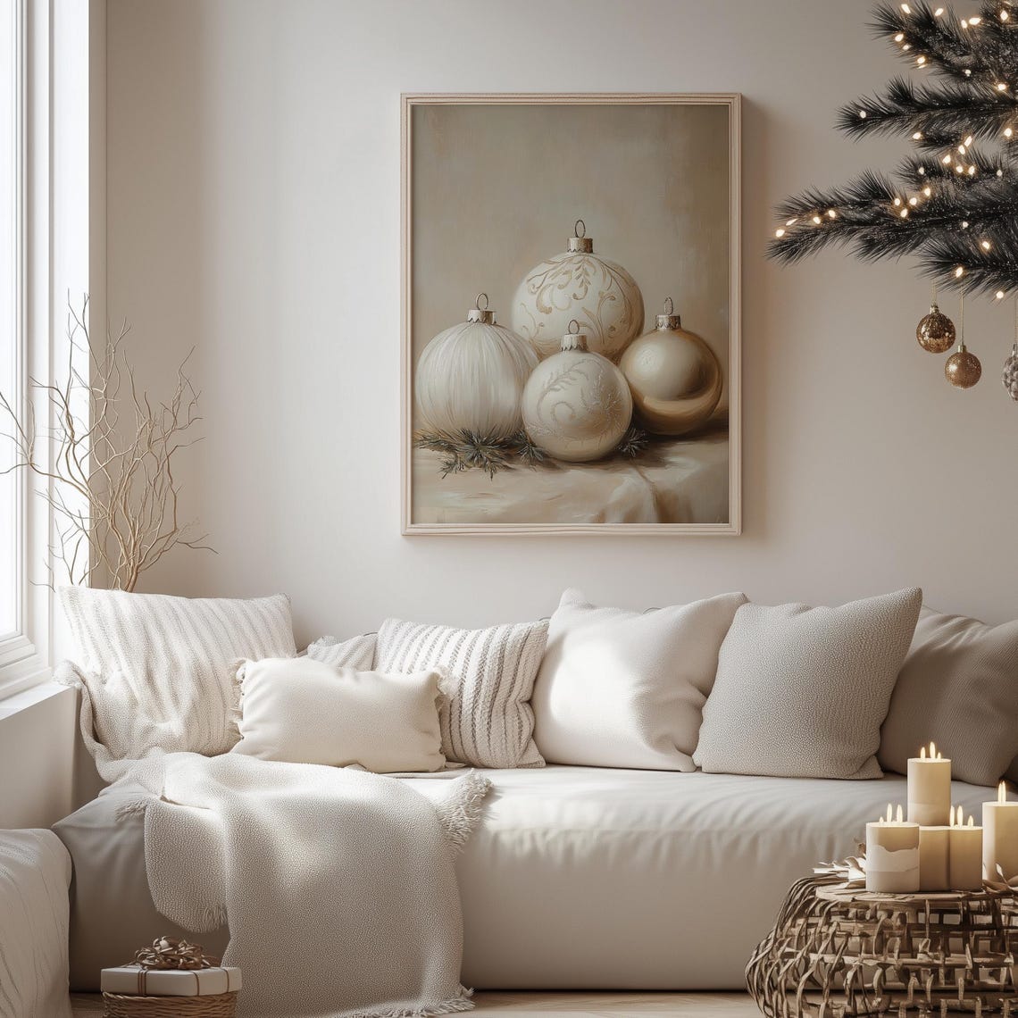 Cream Christmas Baubles Still Life Oil Painting Holiday Poster - Image 4